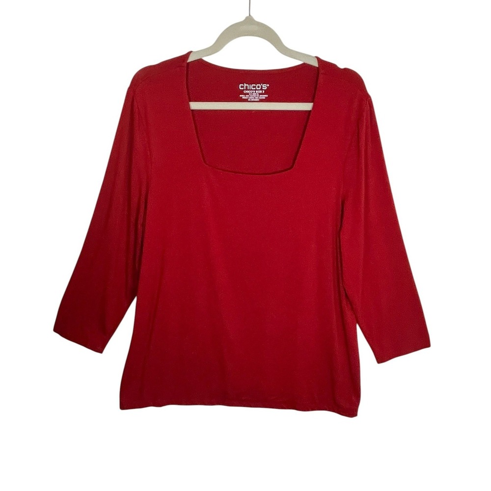 Chico's Size 3 XL Red Double Layer Stretch Knit Square Neck 3/4 Sleeve Top
